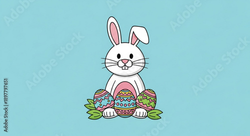 Cute white easter bunny with colorful eggs and leaves on blue background