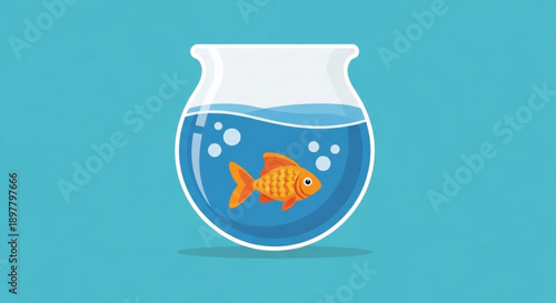 Vibrant orange goldfish swimming in clear water fishbowl on teal background