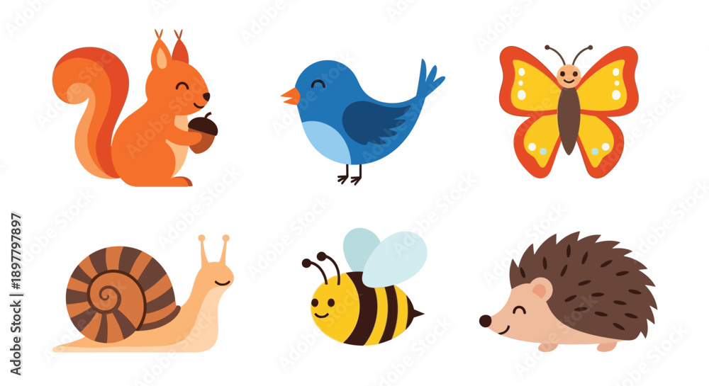 Naklejka premium Cartoon illustrations of a squirrel bird butterfly snail bee and hedgehog