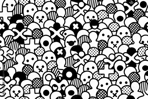 A dense pattern of black and white skulls and crossbones fills the frame
