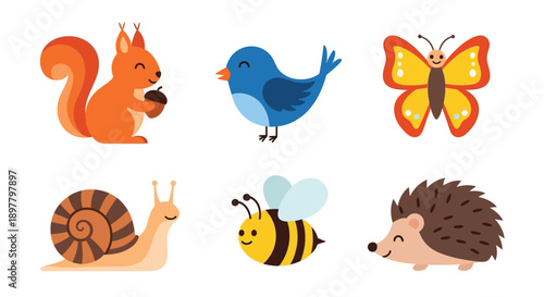 Cartoon illustrations of a squirrel bird butterfly snail bee and hedgehog