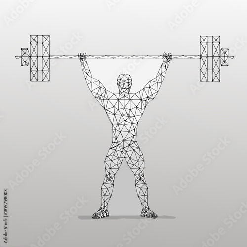 Polygonal weightlifter successfully completing an overhead barbell press