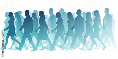 A crowd of silhouetted figures walking in the same direction