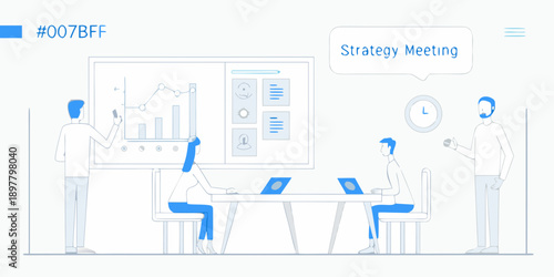 Business strategy meeting with a presentation and team collaboration