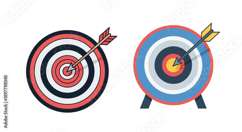 Two colorful dartboards with arrows hitting the bullseye representing accuracy