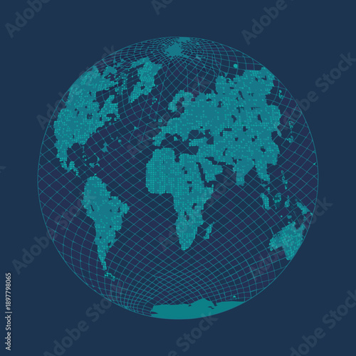 A digital globe illustration featuring continents and a grid network