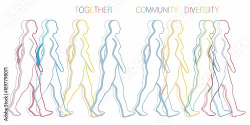 Colorful outlines of people walking together representing unity and diversity