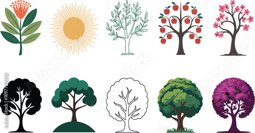 Decorative tree and plant illustration set with floral elements, seasonal foliage icons, nature themed flat vector artwork collection