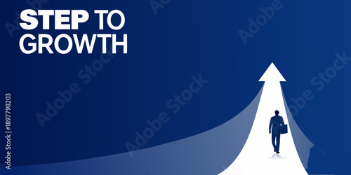 Step to growth a silhouetted figure walks towards a bright upward arrow