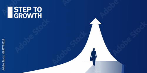 A lone figure ascends a bright upward pointing arrow representing growth