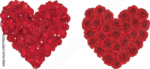 Two Romantic Red Hearts Made of Rose Petals and Roses on White Background