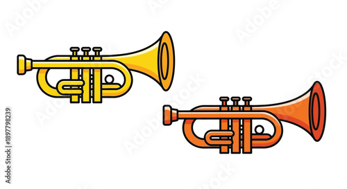 Two cartoon trumpets one yellow and one orange are displayed