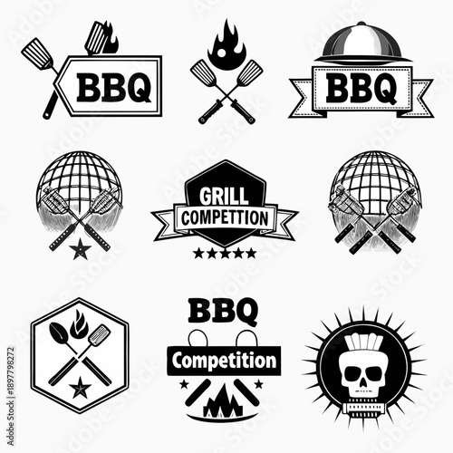 Black and white barbecue icons featuring grilling tools and lettering