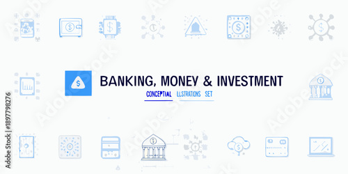 Banking money and investment concept icons in a linear style