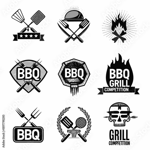 Black and white barbecue grilling emblems and icons collection