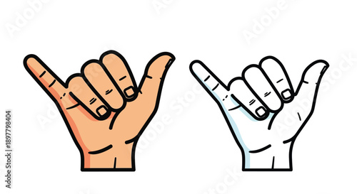 Two hands displaying the hang loose or shaka sign in different colors