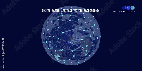 Abstract digital earth illustration with glowing network connections on dark background