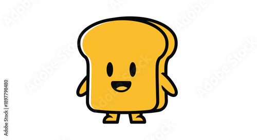 A cheerful cartoon slice of bread with a smiling face and tiny arms