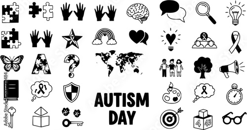 Autism Awareness Day Black  White Glyph Line Art Icons Set for Neurodiversity, Healthcare  Social Advocacy