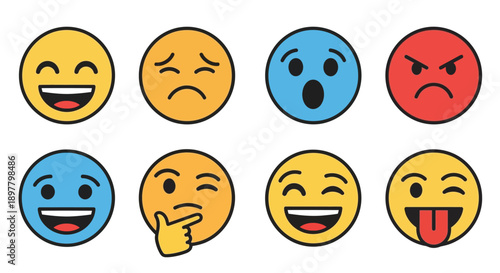 A collection of colorful emoji faces displaying various expressions