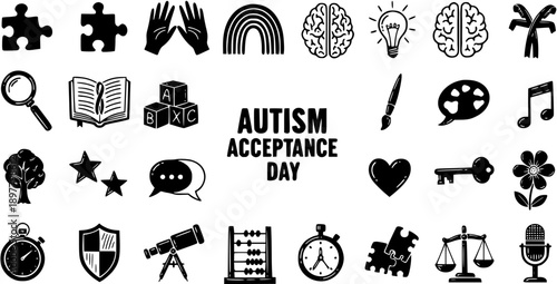 Autism Acceptance Day Glyph Icons Set. Black and White Symbols for Special Needs Education, Communication, Awareness, Learning, and Diversity Illustration.