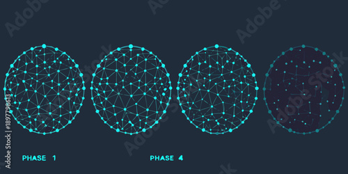 Geometric shapes evolving from connected dots illustrating a process or cycle