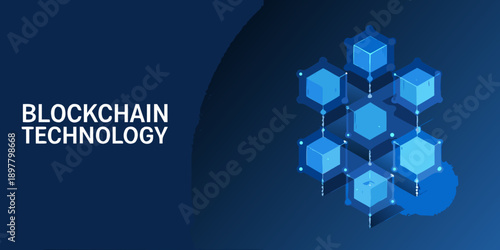 Blockchain technology concept with interconnected blue cubes on a dark background