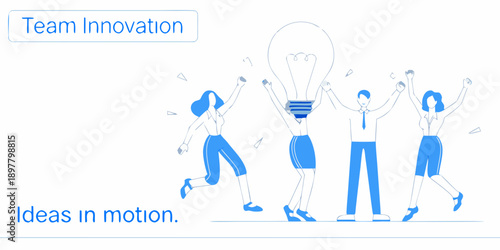 Team innovation people celebrating a bright idea with raised arms