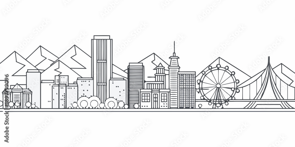 Obraz premium Linear illustration of a city skyline featuring landmarks and mountains