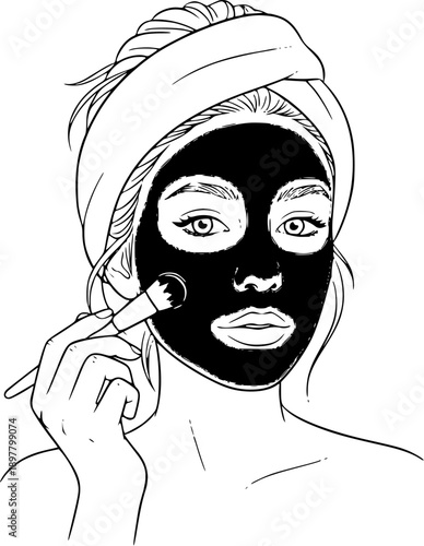 Black and White Line Art Illustration of Woman Applying Facial Mask with Brush for Skincare and Beauty Treatment Concept