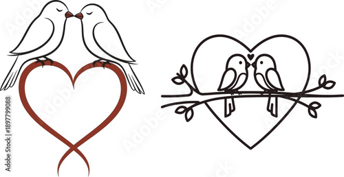 Cute Love Birds Kissing on Heart Branches, Valentine's Day Romance Graphic