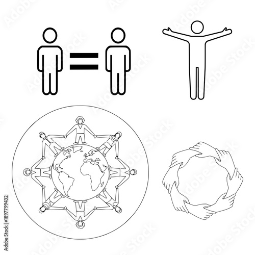 Global Unity and Equality Icon Set, People Holding Hands Around the World Illustration, Human Rights and Universal Brotherhood Concept Line Art