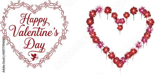 Happy Valentine's Day Heart Shapes with Flowers and Cupid Illustration