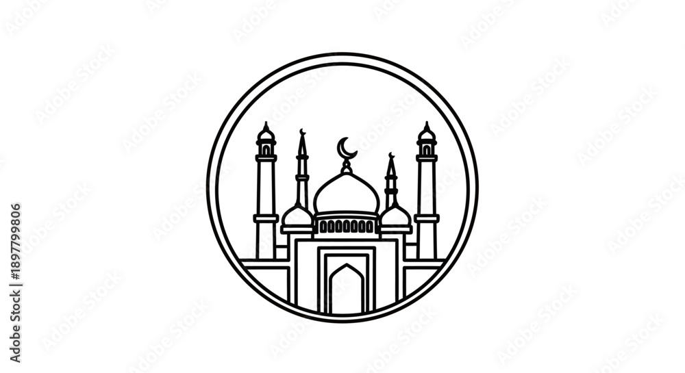 Fototapeta premium grand mosque building with multiple minarets and dome inside a circular frame line art drawing vector illustration design for ramadan