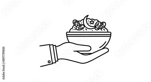 Human hand holding bowl of dates for iftar meal line icon vector illustration for ramadan kareem fasting celebration concept religious charity and hospitality symbol on white