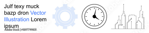 Time management, urban planning, industry, schedule organization, productivity, technology concepts. Gear icon, clock face and cityscape outline. Time management and urban planning