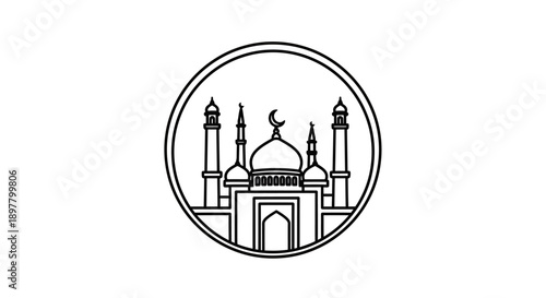 grand mosque building with multiple minarets and dome inside a circular frame line art drawing vector illustration design for ramadan
