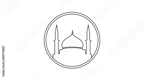 mosque building with two minarets and dome inside a circular frame line art drawing vector illustration design for ramadan kareem