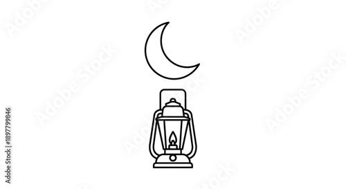 Lantern with burning flame and crescent moon above simple outline vector illustration for ramadan and eid celebration