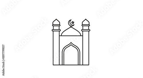 Simple mosque outline with dome minarets crescent moon and star vector illustration for islamic religious themes