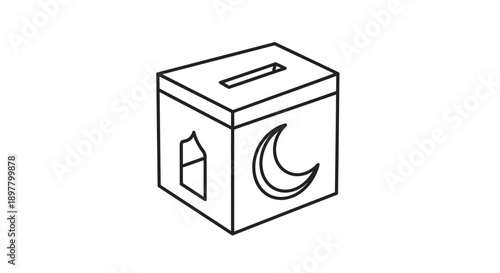 Ramadan charity box with moon and islamic house symbol, donation box for poor people, zakat collection, ramadan kareem concept, muslim culture, line art icon