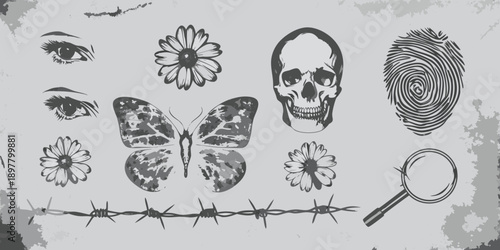 A collection of symbolic imagery including skulls flowers and a butterfly