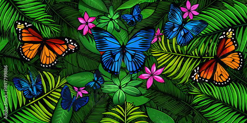 Vibrant butterflies flutter amongst lush tropical foliage in a colorful design
