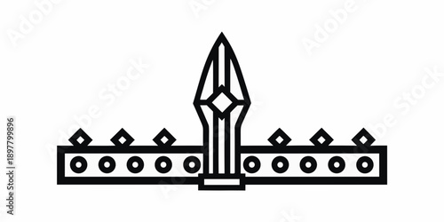 Black and white illustration of a sword above a castle wall