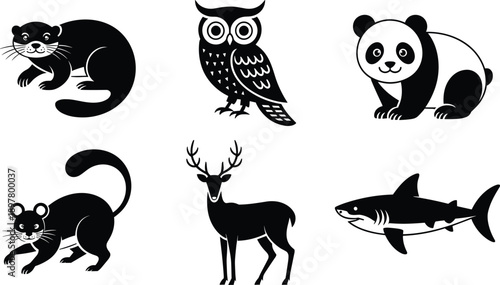 Wild animal silhouette icon set featuring panda, owl, deer, shark and rodent, minimalist black wildlife vector illustration