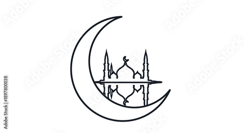 Crescent moon with mirrored mosque reflection, elegant line art design representing islam, ramadan, and spiritual contemplation, vector graphic