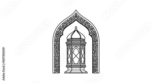 Ornate ramadan lantern within islamic arch, intricate line art representing muslim traditions, holidays, and decorative elements, vector illustration
