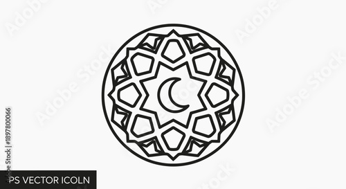 Geometric Islamic pattern with crescent moon in center, circle emblem for Ramadan mosque decoration cultural ornament abstract background