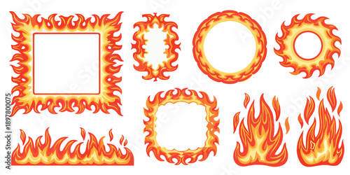 Collection of fiery frames and flame effects in vibrant orange hues
