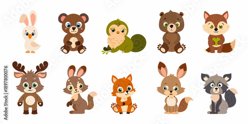 Cartoon collection of adorable forest animals including rabbits bears and foxes
